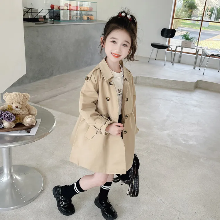 2025 Spring Autumn New 2 3 4 5 6 7 8 9 10 12 Years Children Outerwear Coats Baby Kids Girls Medium Long Slim Waist Trench Jacket
