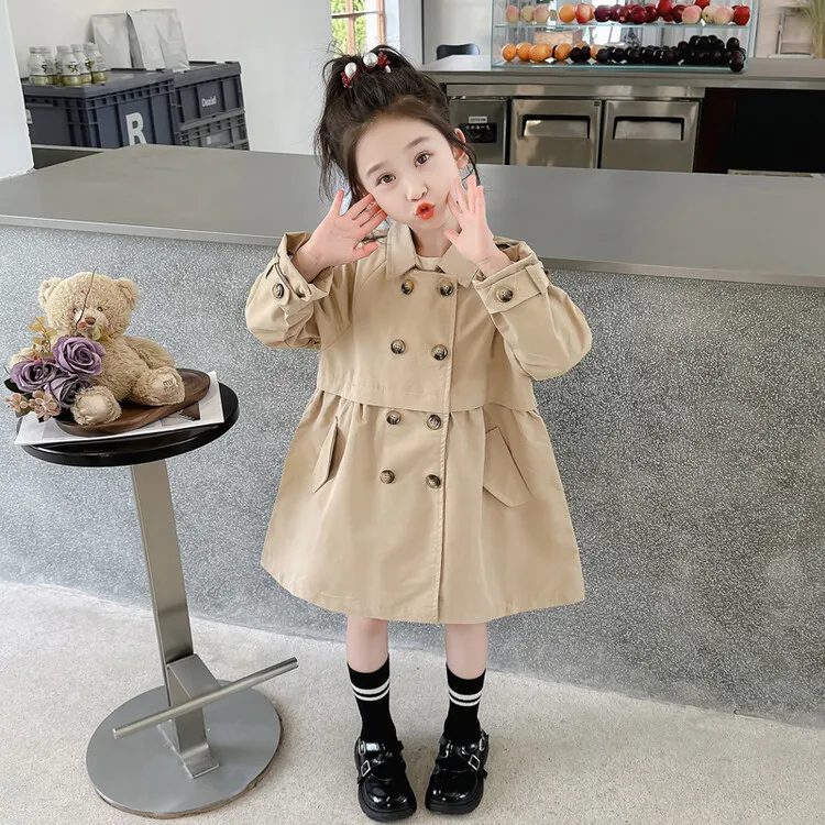 2025 Spring Autumn New 2 3 4 5 6 7 8 9 10 12 Years Children Outerwear Coats Baby Kids Girls Medium Long Slim Waist Trench Jacket