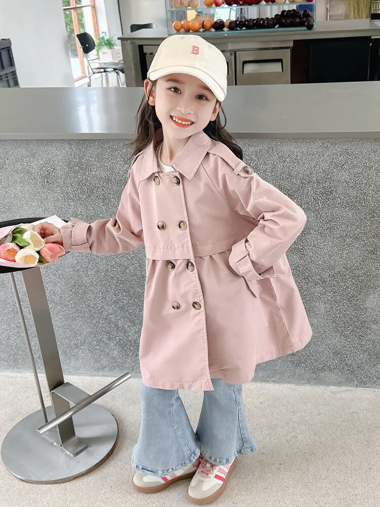 2025 Spring Autumn New 2 3 4 5 6 7 8 9 10 12 Years Children Outerwear Coats Baby Kids Girls Medium Long Slim Waist Trench Jacket