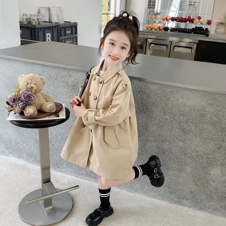 2025 Spring Autumn New 2 3 4 5 6 7 8 9 10 12 Years Children Outerwear Coats Baby Kids Girls Medium Long Slim Waist Trench Jacket