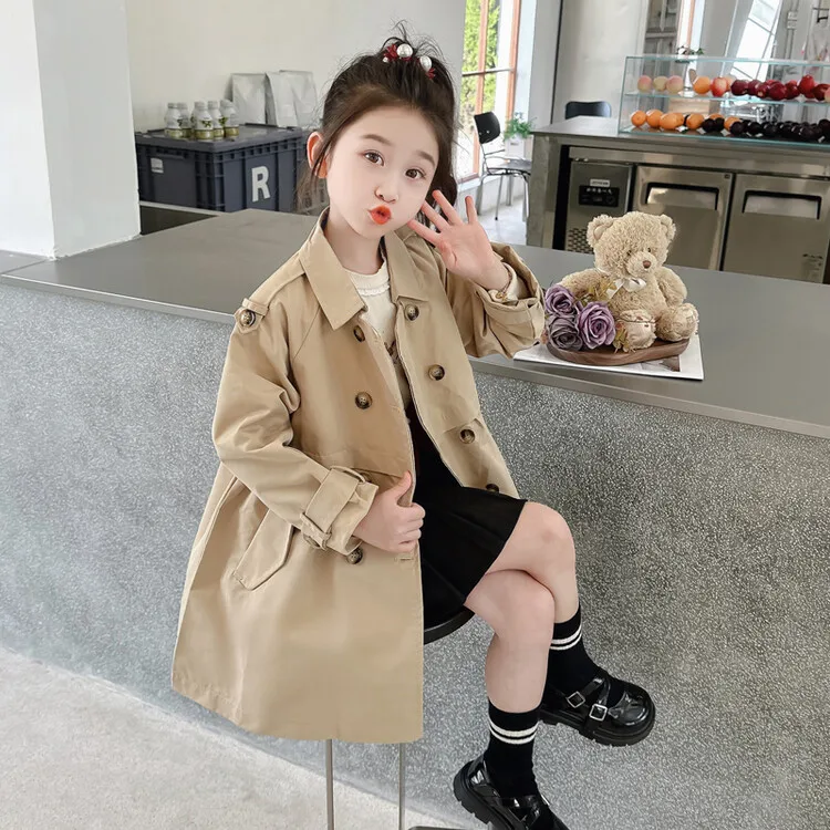 2025 Spring Autumn New 2 3 4 5 6 7 8 9 10 12 Years Children Outerwear Coats Baby Kids Girls Medium Long Slim Waist Trench Jacket