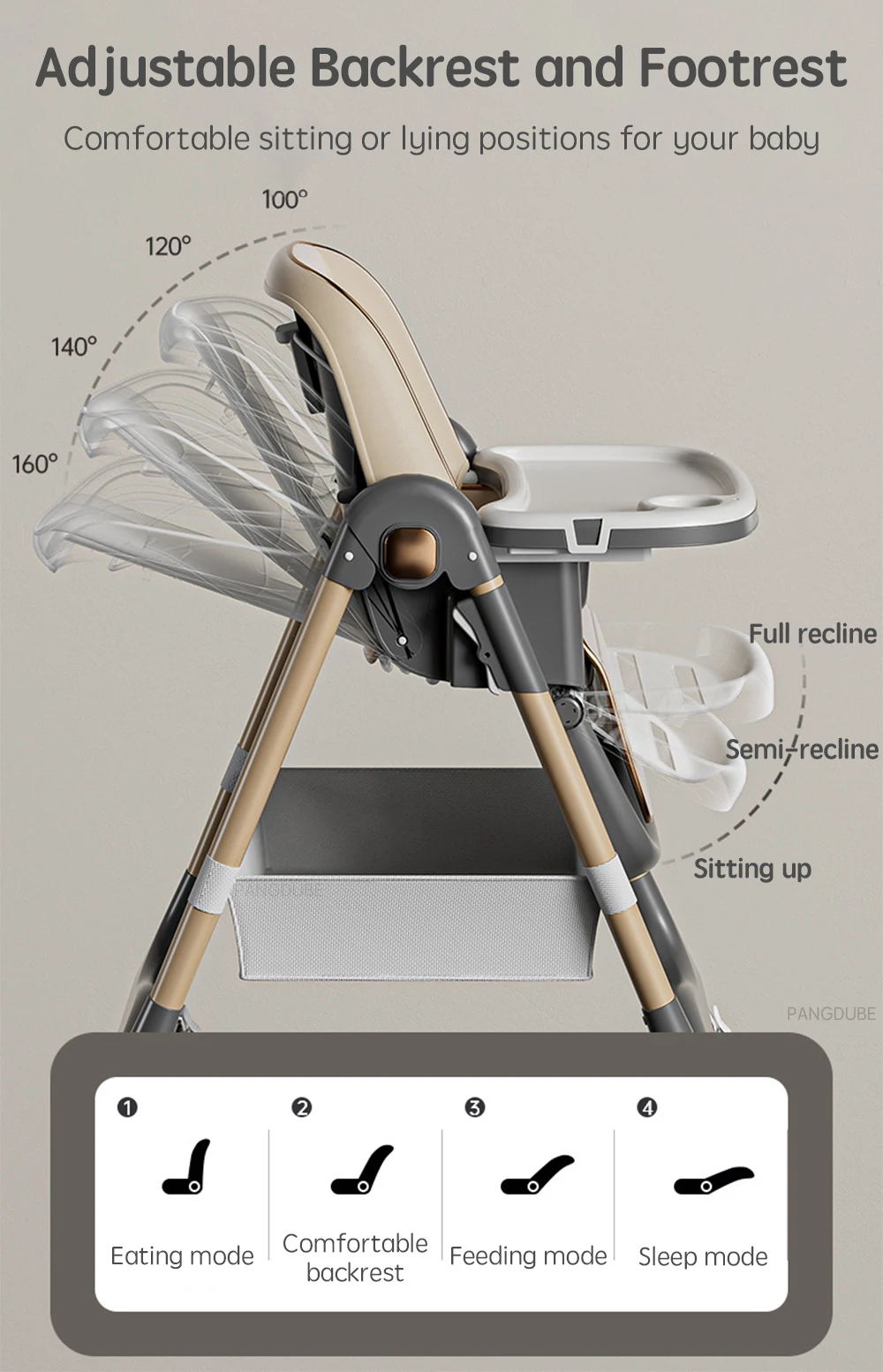 PANGDUBE Adjustable Baby High Chair 0-3 Years Foldable Toddler Dining Seat with Tray Reclining Feeding Chair Baby Dinner Chair
