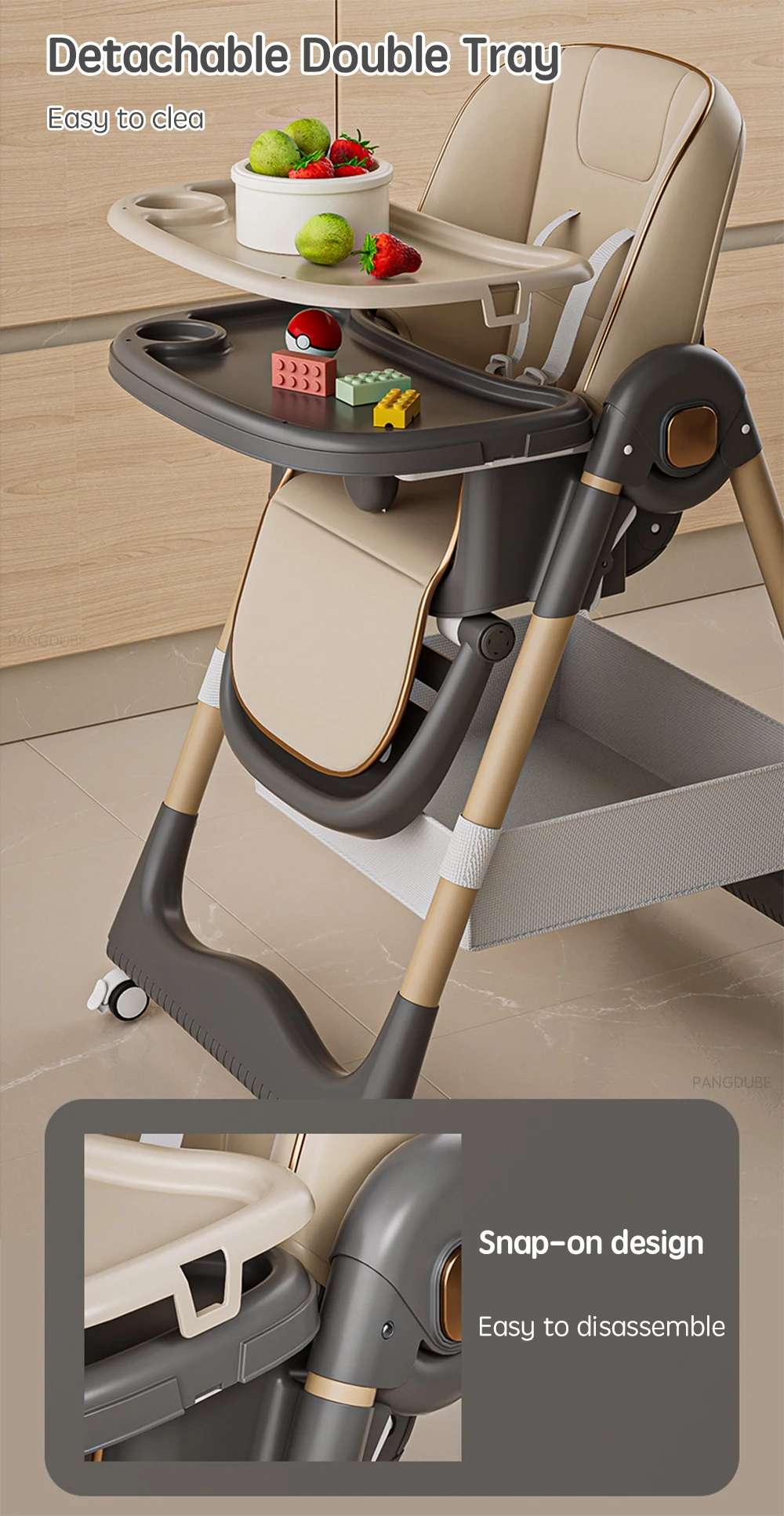 PANGDUBE Adjustable Baby High Chair 0-3 Years Foldable Toddler Dining Seat with Tray Reclining Feeding Chair Baby Dinner Chair