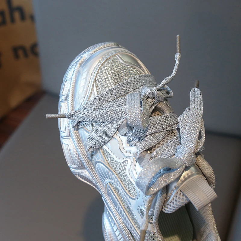 Spring Autumn Girl's Mesh Chunky Sneakers Silver Children's School Sports Shoes Breathable Fashion Kids Running Sneakers Trend
