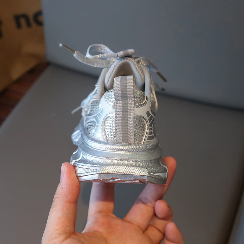 Spring Autumn Girl's Mesh Chunky Sneakers Silver Children's School Sports Shoes Breathable Fashion Kids Running Sneakers Trend