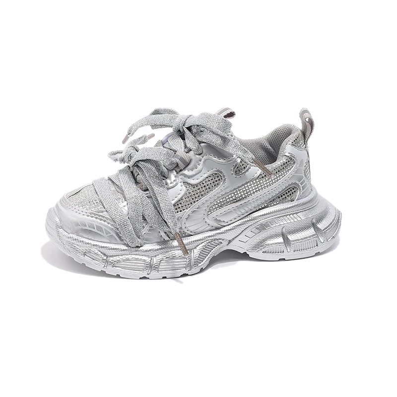 Spring Autumn Girl's Mesh Chunky Sneakers Silver Children's School Sports Shoes Breathable Fashion Kids Running Sneakers Trend