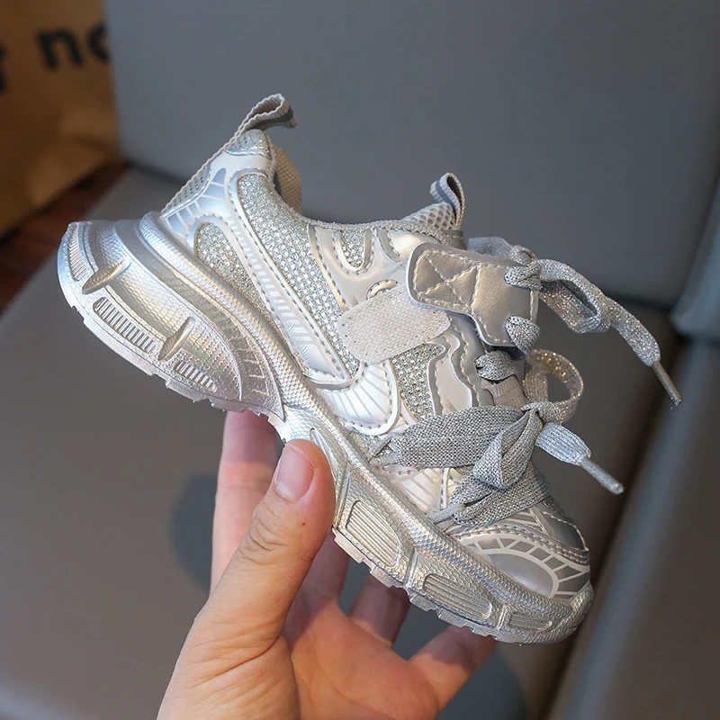 Spring Autumn Girl's Mesh Chunky Sneakers Silver Children's School Sports Shoes Breathable Fashion Kids Running Sneakers Trend