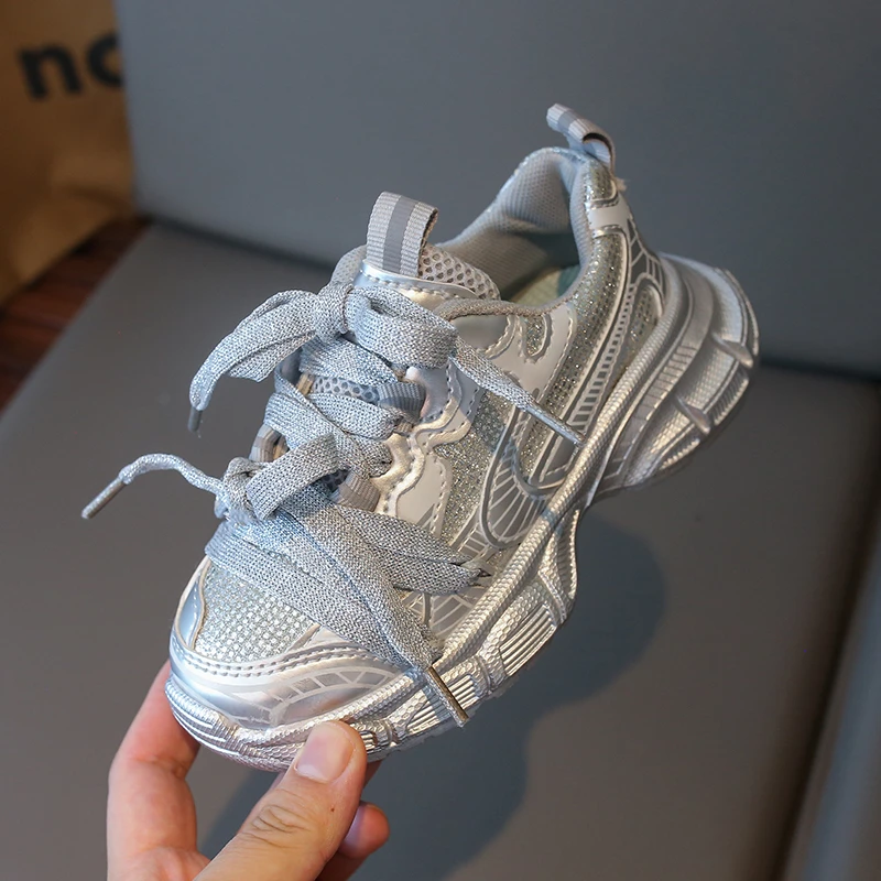 Spring Autumn Girl's Mesh Chunky Sneakers Silver Children's School Sports Shoes Breathable Fashion Kids Running Sneakers Trend