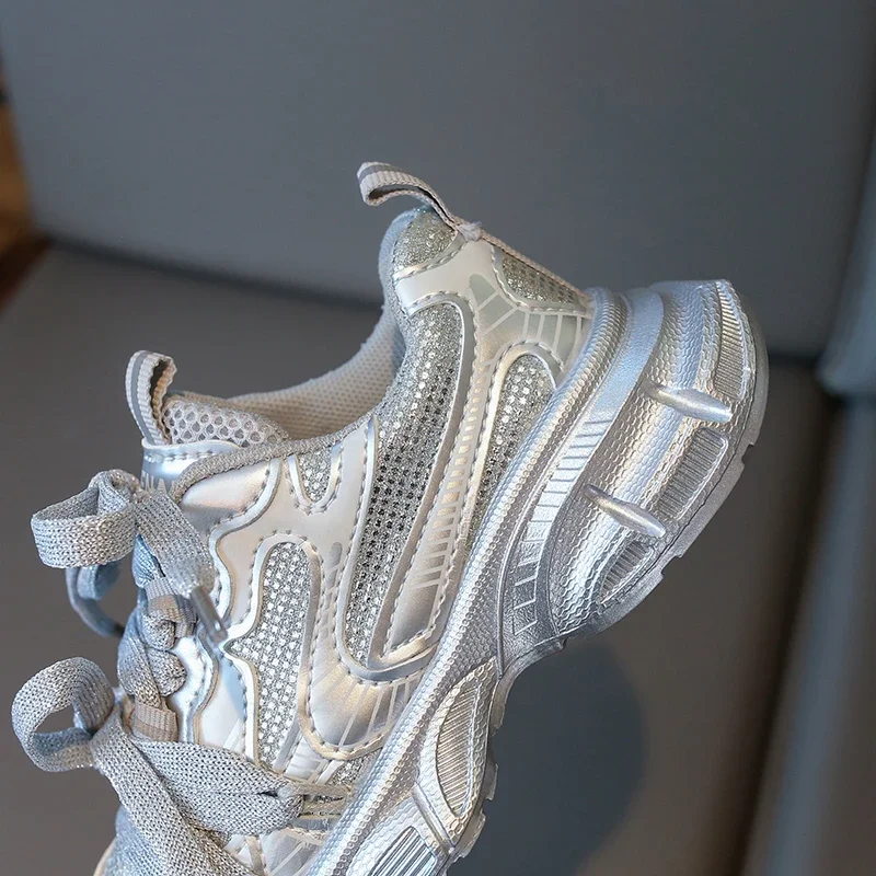 Spring Autumn Girl's Mesh Chunky Sneakers Silver Children's School Sports Shoes Breathable Fashion Kids Running Sneakers Trend