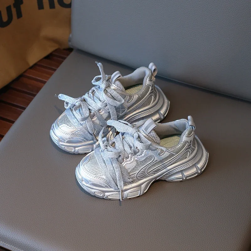 Spring Autumn Girl's Mesh Chunky Sneakers Silver Children's School Sports Shoes Breathable Fashion Kids Running Sneakers Trend