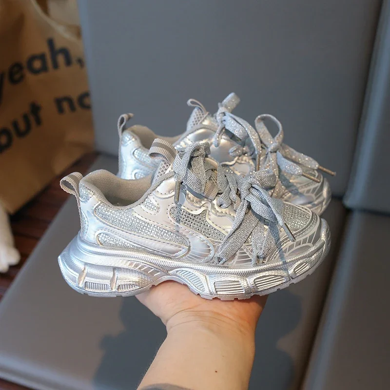 Spring Autumn Girl's Mesh Chunky Sneakers Silver Children's School Sports Shoes Breathable Fashion Kids Running Sneakers Trend