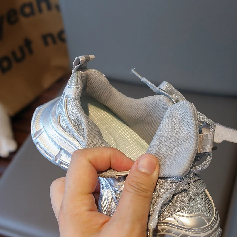 Spring Autumn Girl's Mesh Chunky Sneakers Silver Children's School Sports Shoes Breathable Fashion Kids Running Sneakers Trend