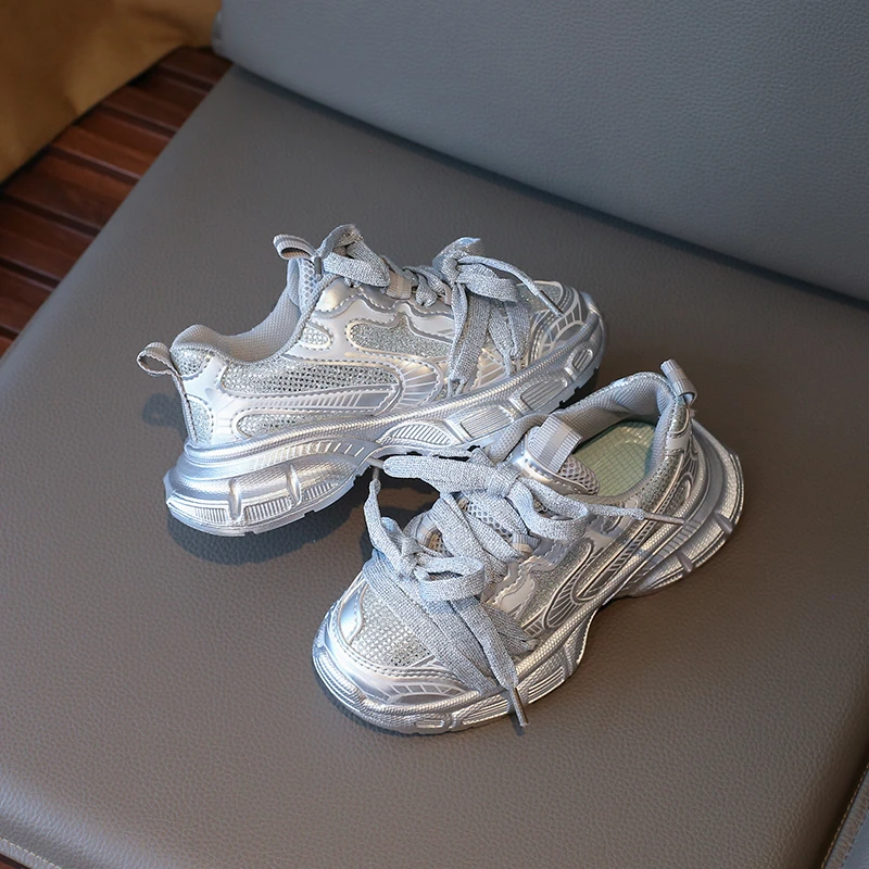 Spring Autumn Girl's Mesh Chunky Sneakers Silver Children's School Sports Shoes Breathable Fashion Kids Running Sneakers Trend