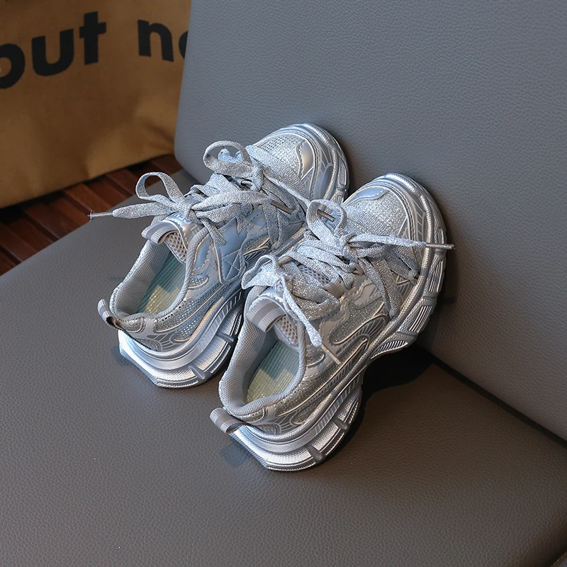 Spring Autumn Girl's Mesh Chunky Sneakers Silver Children's School Sports Shoes Breathable Fashion Kids Running Sneakers Trend