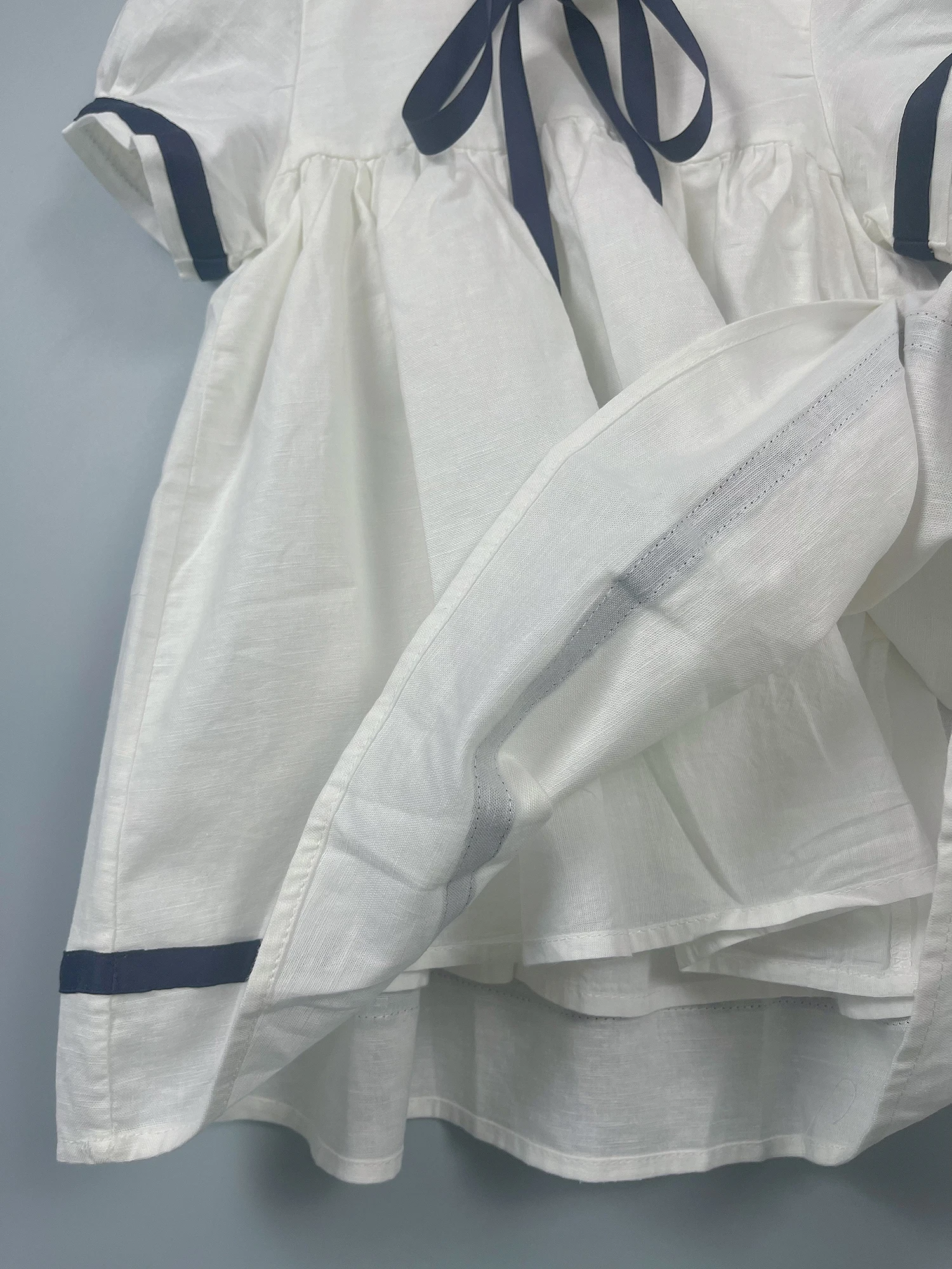 Summer Navy Sister Brother Clothing White Cotton Linen Fabric with Bblack Ribbon Comfortable Breathable Daily Outfit Performance