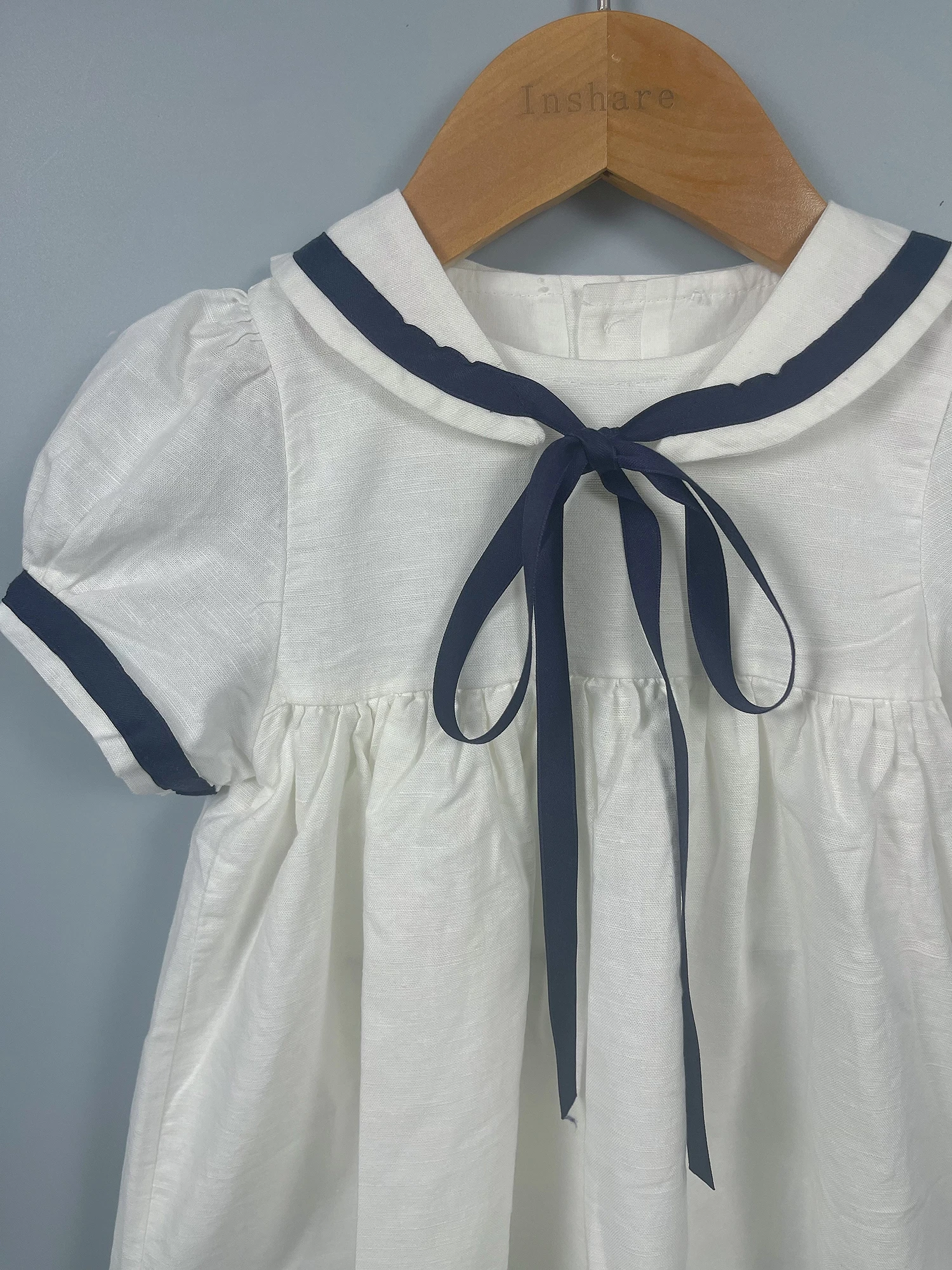 Summer Navy Sister Brother Clothing White Cotton Linen Fabric with Bblack Ribbon Comfortable Breathable Daily Outfit Performance