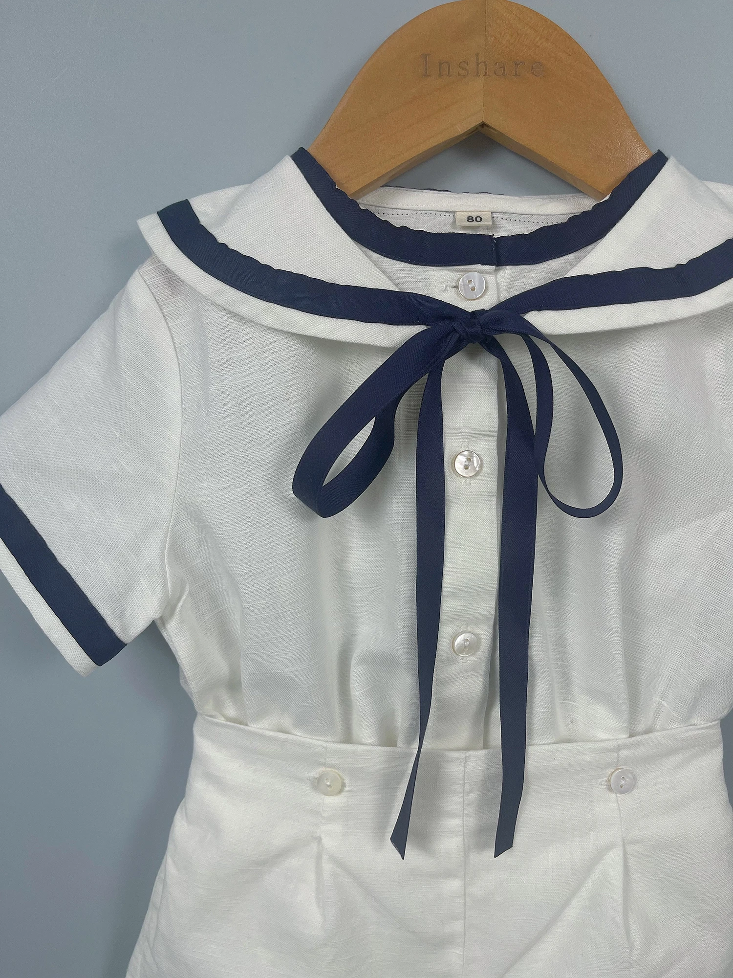 Summer Navy Sister Brother Clothing White Cotton Linen Fabric with Bblack Ribbon Comfortable Breathable Daily Outfit Performance