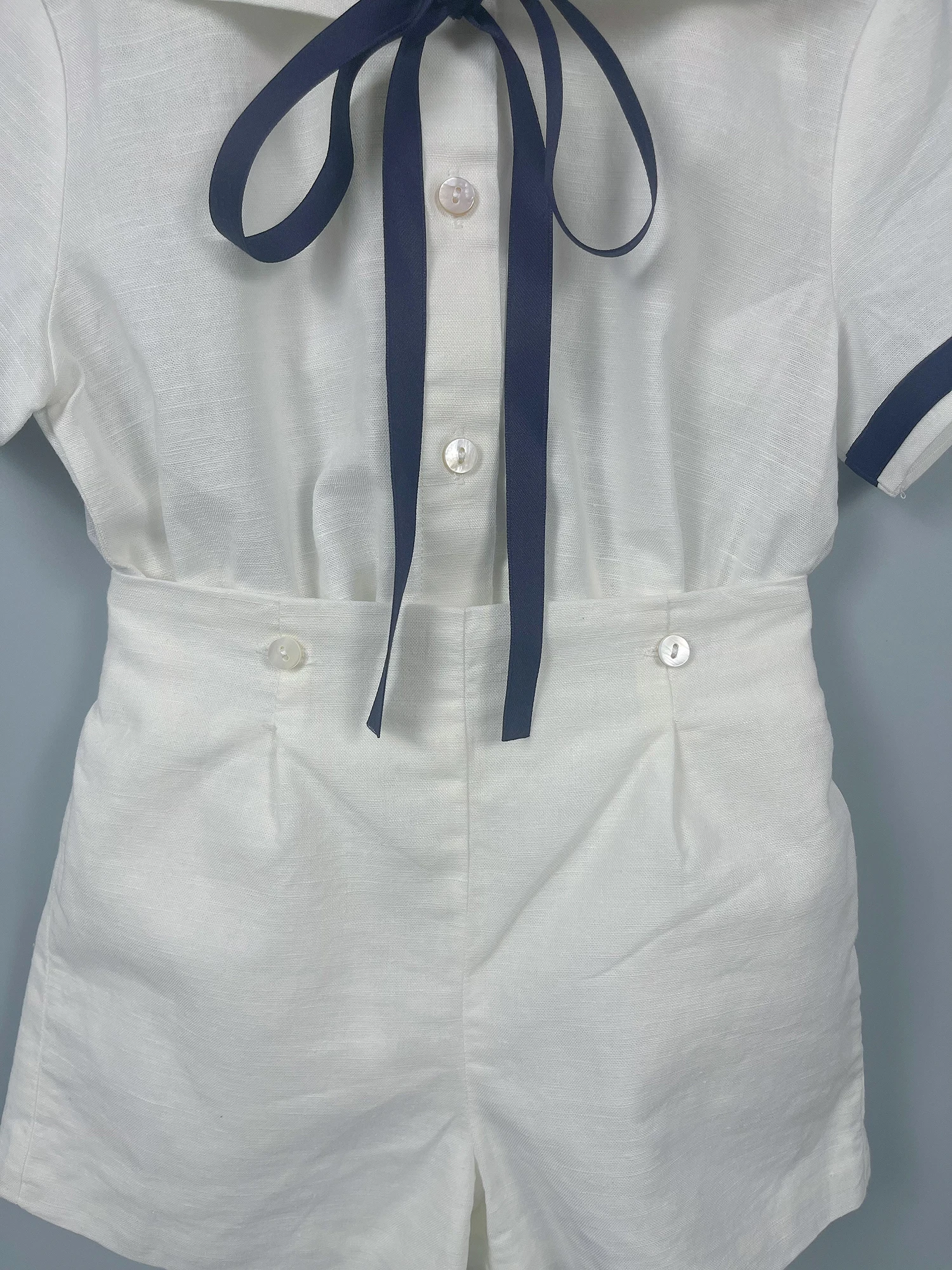Summer Navy Sister Brother Clothing White Cotton Linen Fabric with Bblack Ribbon Comfortable Breathable Daily Outfit Performance