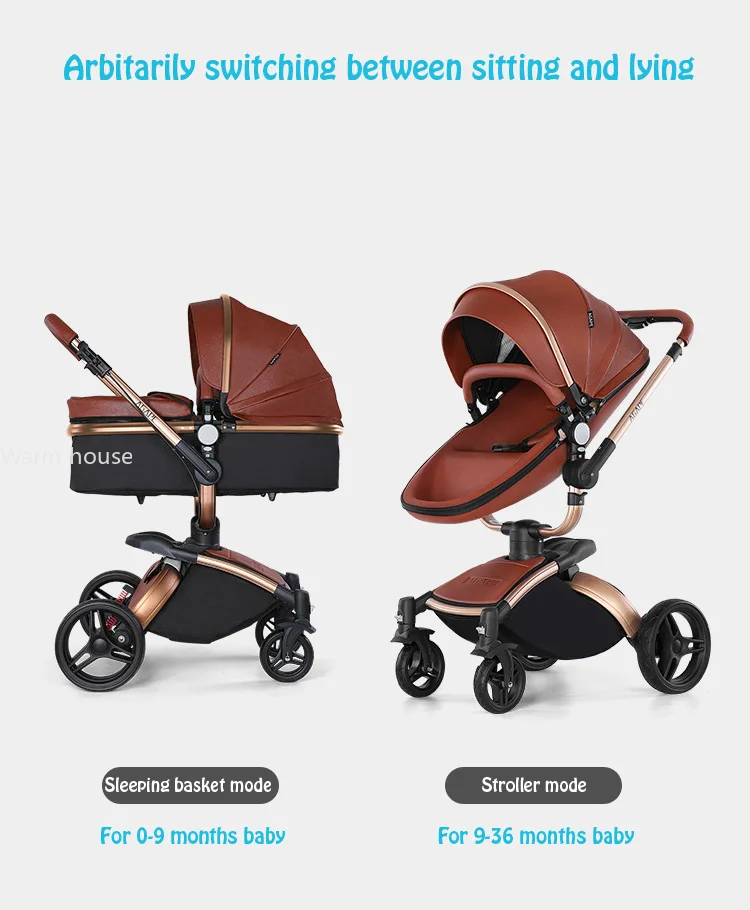 Luxury Baby Stroller 3in1 Pram Carriage PU Leather High Landscape Rotating 360° Trolley Car Pushchair for Newborns