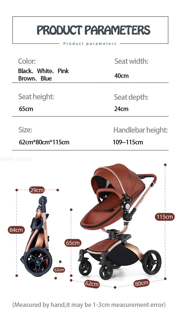 Luxury Baby Stroller 3in1 Pram Carriage PU Leather High Landscape Rotating 360° Trolley Car Pushchair for Newborns