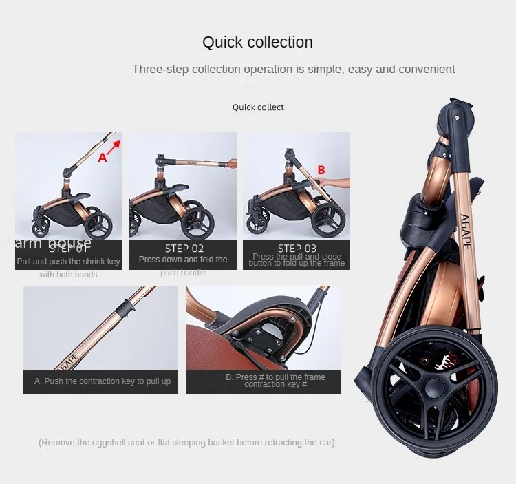 Luxury Baby Stroller 3in1 Pram Carriage PU Leather High Landscape Rotating 360° Trolley Car Pushchair for Newborns