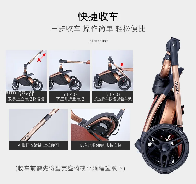 Luxury Baby Stroller 3in1 Pram Carriage PU Leather High Landscape Rotating 360° Trolley Car Pushchair for Newborns