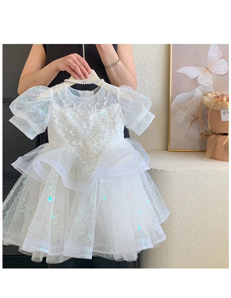 Summer New 3 4 5 6 7 8 9 10 Years Girls Piano Outfit Short Sleeve Princess Bowtie Ball Gown Dress For Kids Baby Birthday Gift