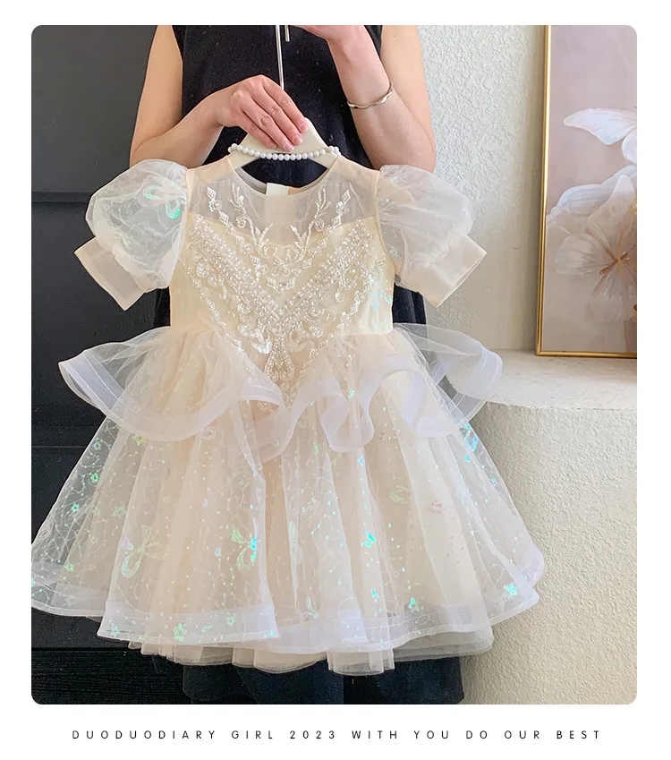 Summer New 3 4 5 6 7 8 9 10 Years Girls Piano Outfit Short Sleeve Princess Bowtie Ball Gown Dress For Kids Baby Birthday Gift