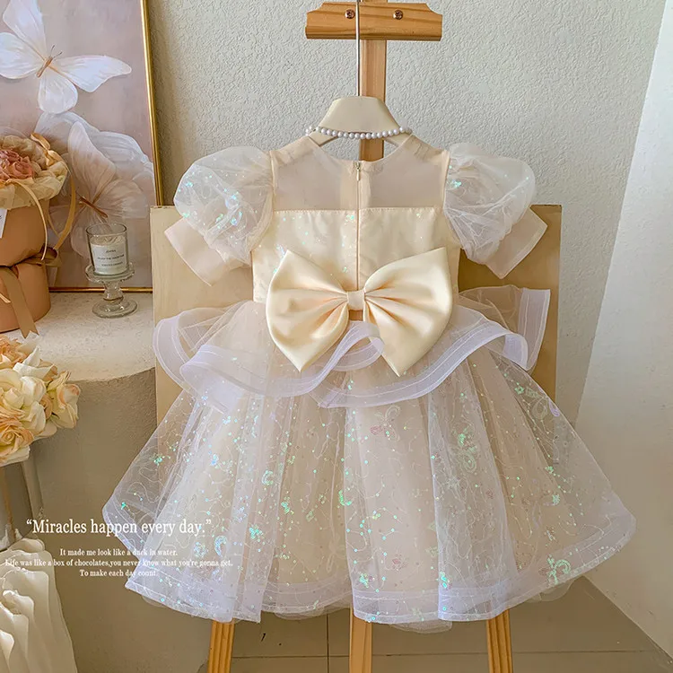 Summer New 3 4 5 6 7 8 9 10 Years Girls Piano Outfit Short Sleeve Princess Bowtie Ball Gown Dress For Kids Baby Birthday Gift