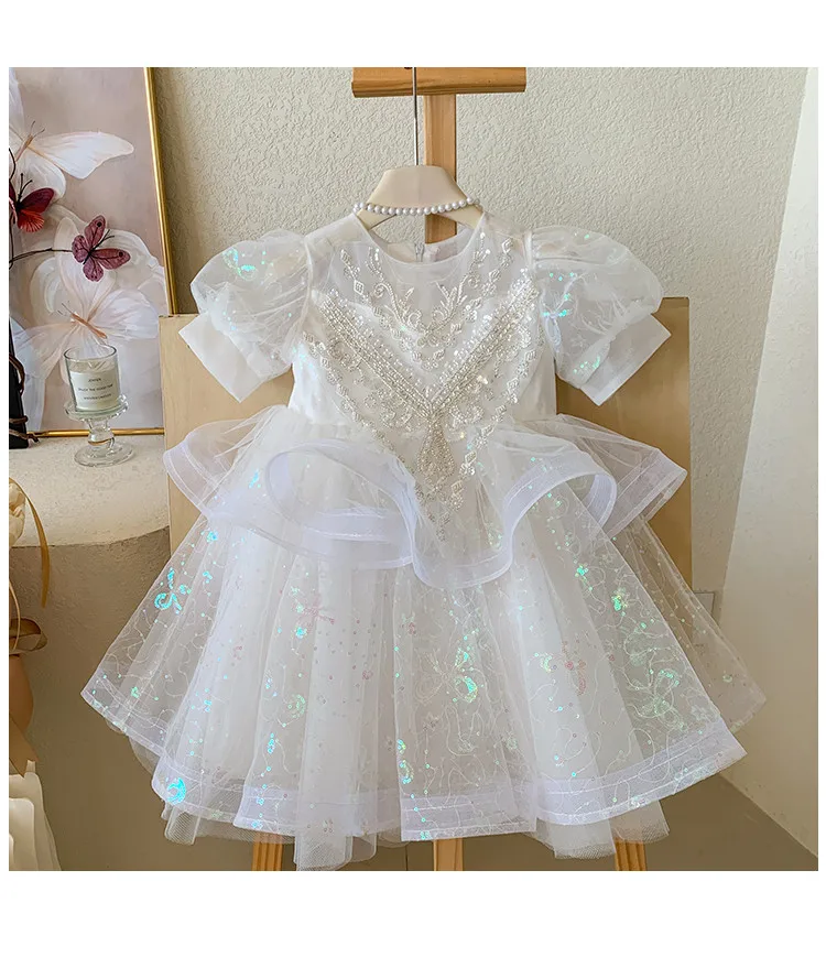 Summer New 3 4 5 6 7 8 9 10 Years Girls Piano Outfit Short Sleeve Princess Bowtie Ball Gown Dress For Kids Baby Birthday Gift