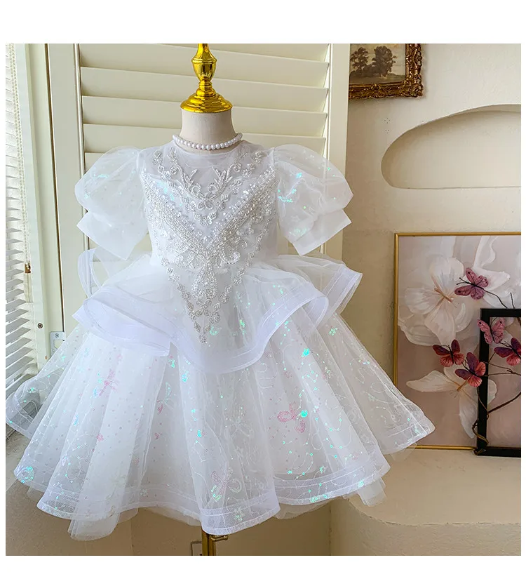 Summer New 3 4 5 6 7 8 9 10 Years Girls Piano Outfit Short Sleeve Princess Bowtie Ball Gown Dress For Kids Baby Birthday Gift