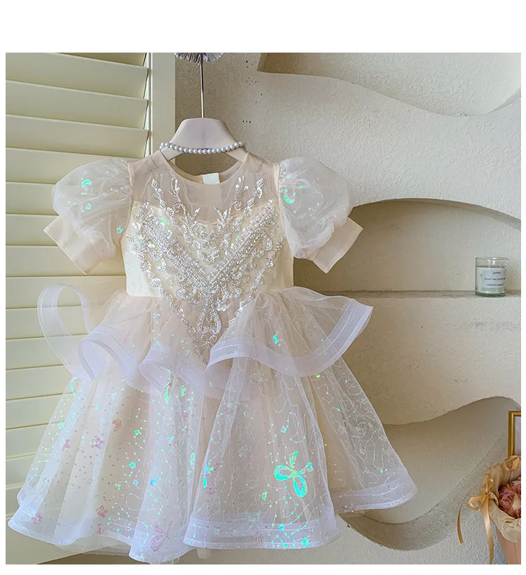 Summer New 3 4 5 6 7 8 9 10 Years Girls Piano Outfit Short Sleeve Princess Bowtie Ball Gown Dress For Kids Baby Birthday Gift
