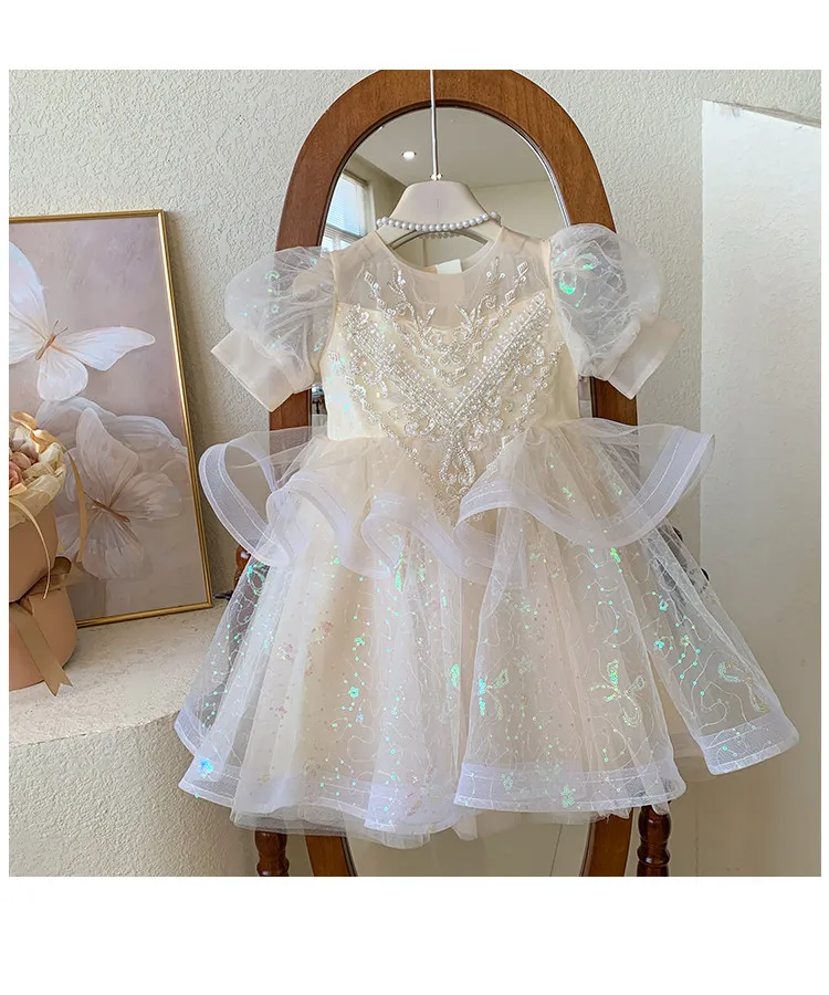 Summer New 3 4 5 6 7 8 9 10 Years Girls Piano Outfit Short Sleeve Princess Bowtie Ball Gown Dress For Kids Baby Birthday Gift