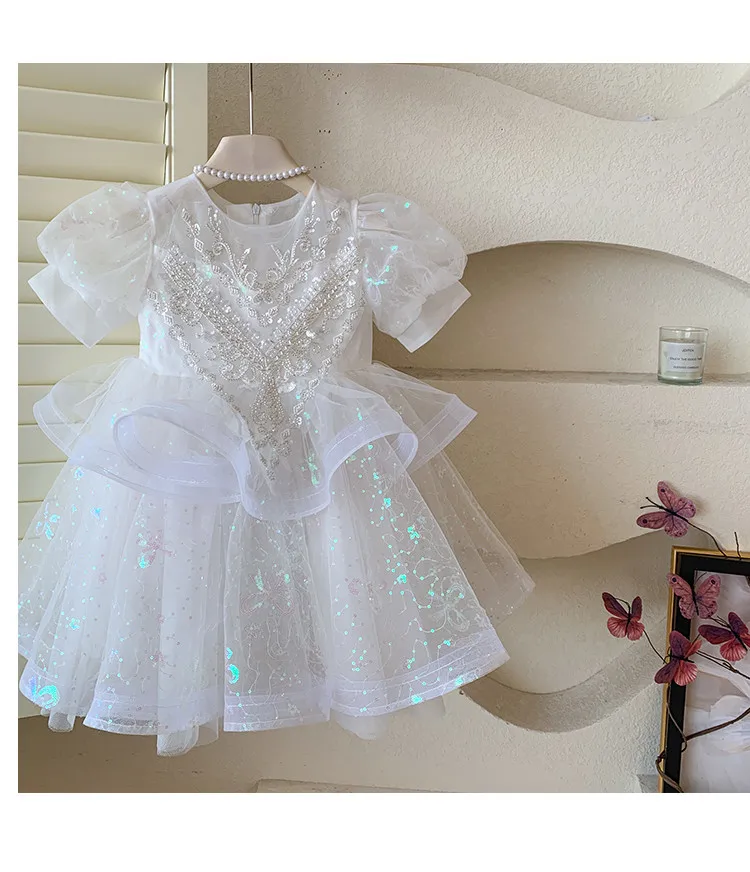 Summer New 3 4 5 6 7 8 9 10 Years Girls Piano Outfit Short Sleeve Princess Bowtie Ball Gown Dress For Kids Baby Birthday Gift