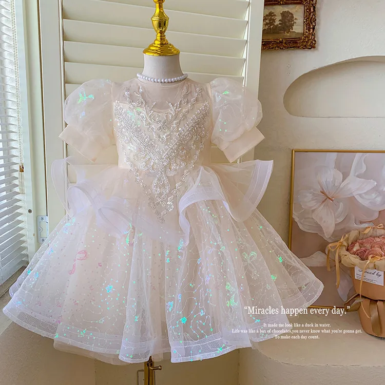 Summer New 3 4 5 6 7 8 9 10 Years Girls Piano Outfit Short Sleeve Princess Bowtie Ball Gown Dress For Kids Baby Birthday Gift