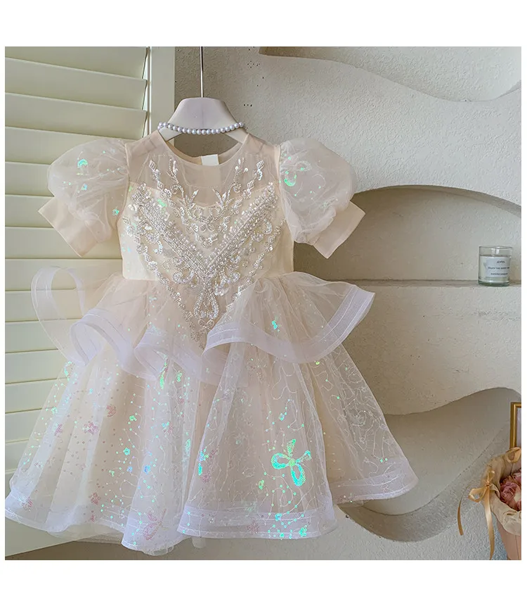 Summer New 3 4 5 6 7 8 9 10 Years Girls Piano Outfit Short Sleeve Princess Bowtie Ball Gown Dress For Kids Baby Birthday Gift