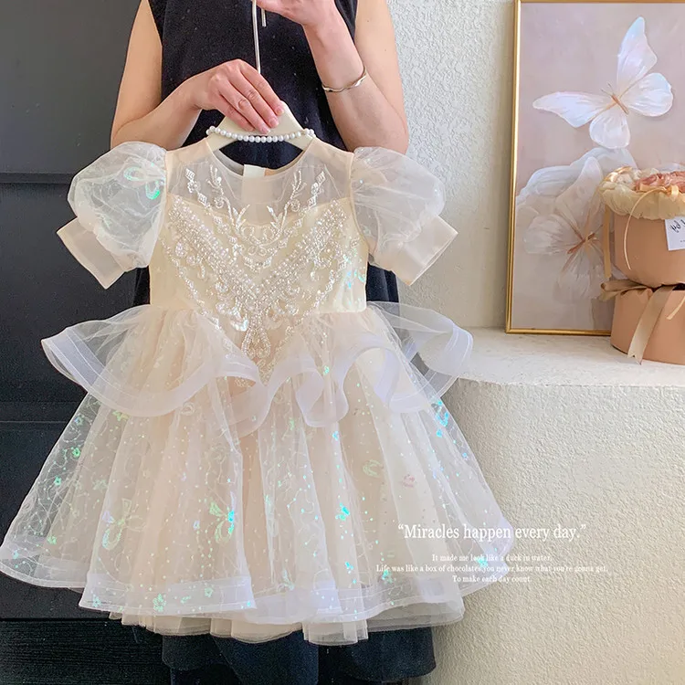Summer New 3 4 5 6 7 8 9 10 Years Girls Piano Outfit Short Sleeve Princess Bowtie Ball Gown Dress For Kids Baby Birthday Gift