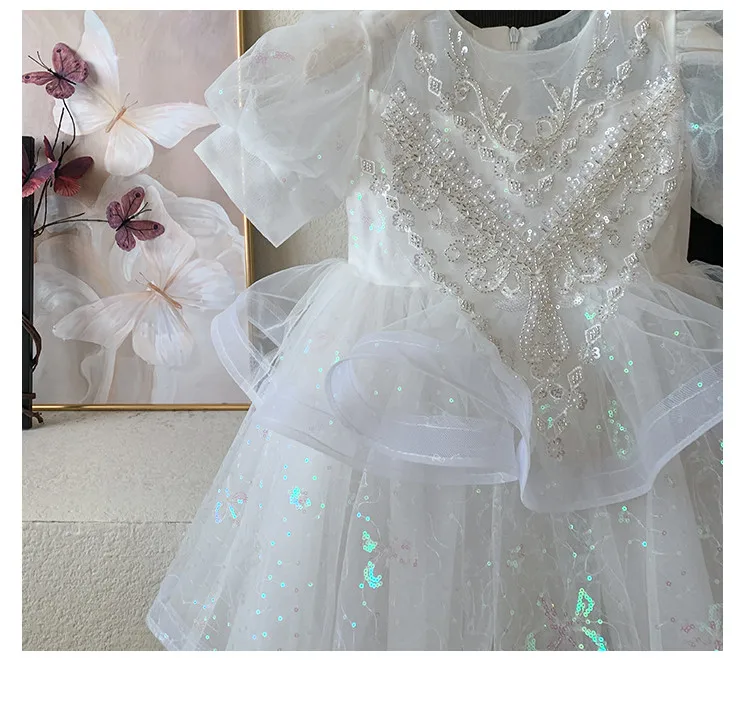 Summer New 3 4 5 6 7 8 9 10 Years Girls Piano Outfit Short Sleeve Princess Bowtie Ball Gown Dress For Kids Baby Birthday Gift