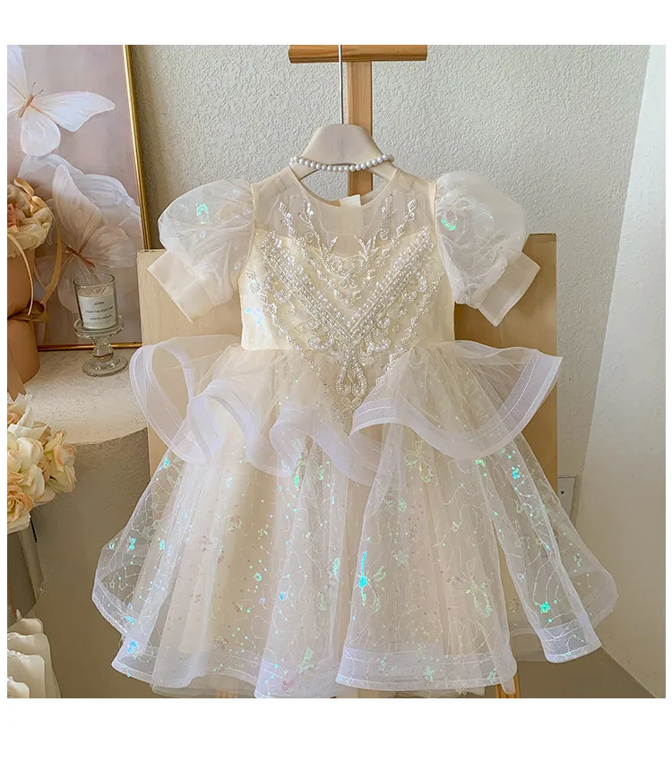 Summer New 3 4 5 6 7 8 9 10 Years Girls Piano Outfit Short Sleeve Princess Bowtie Ball Gown Dress For Kids Baby Birthday Gift