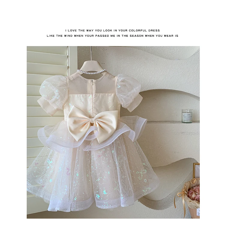 Summer New 3 4 5 6 7 8 9 10 Years Girls Piano Outfit Short Sleeve Princess Bowtie Ball Gown Dress For Kids Baby Birthday Gift