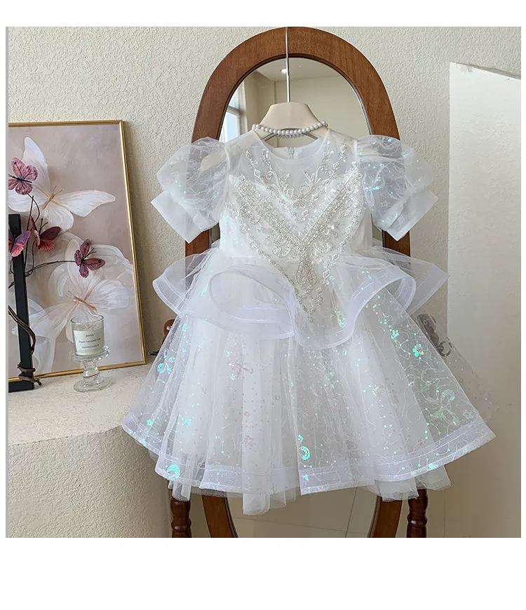 Summer New 3 4 5 6 7 8 9 10 Years Girls Piano Outfit Short Sleeve Princess Bowtie Ball Gown Dress For Kids Baby Birthday Gift