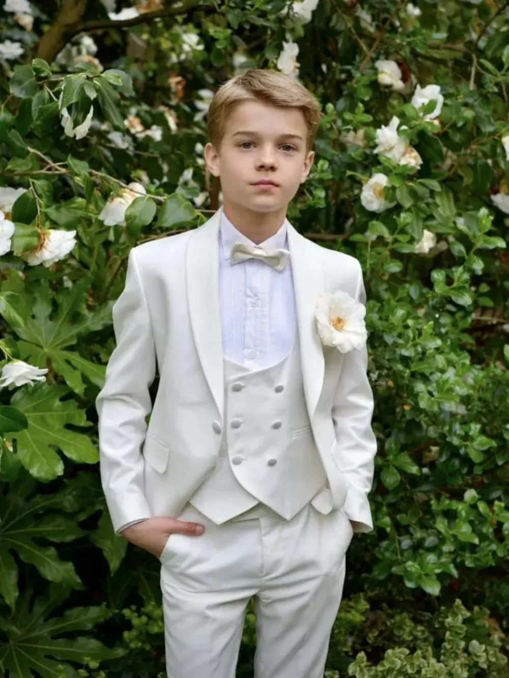 Txjojn 2026 New White Boys Suits 4 Pieces Jacket Vest Pants Bow-tie For Birthday Party Graceful Lapel Child Tuxedo Wedding Guest