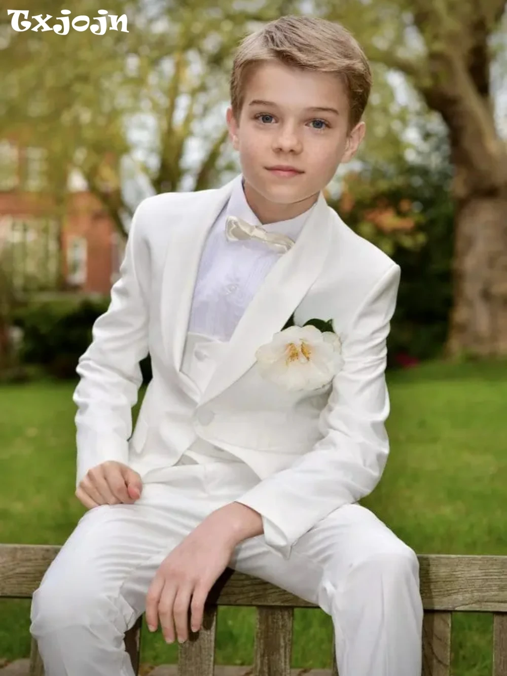 Txjojn 2026 New White Boys Suits 4 Pieces Jacket Vest Pants Bow-tie For Birthday Party Graceful Lapel Child Tuxedo Wedding Guest