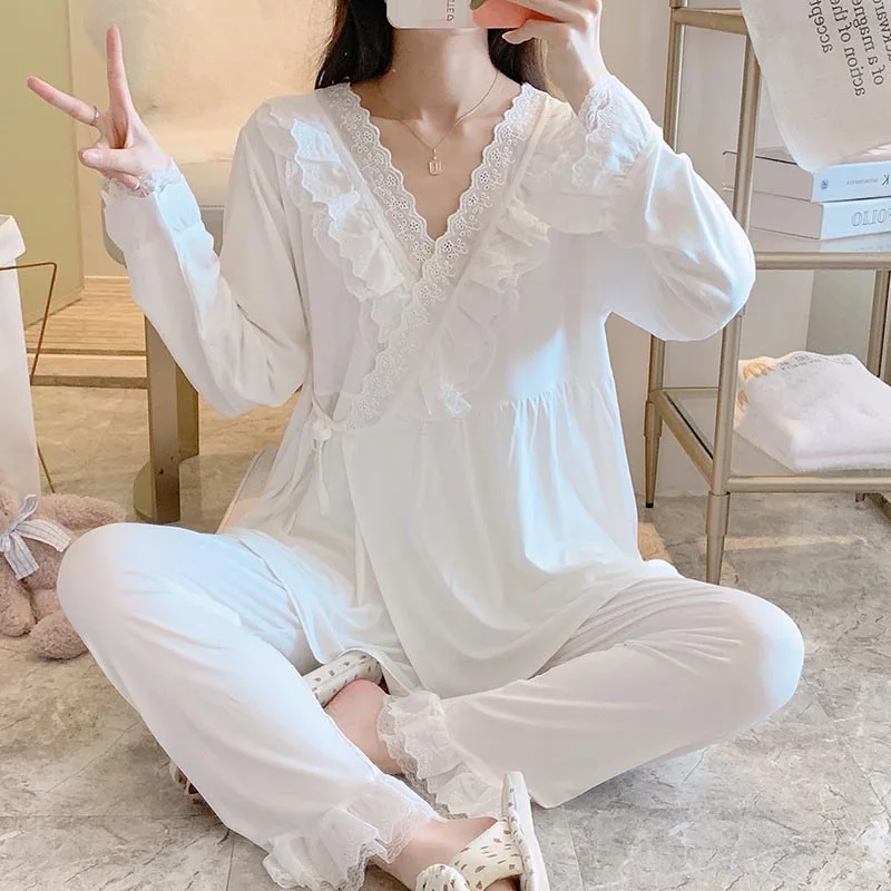 Maternity Modal Pajamas Homewear Sets Across V neck Feeding Pajamas for Pregnant Women Pregnancy Home Hospital Night Wear