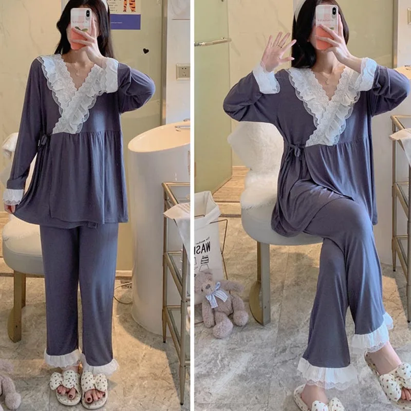 Maternity Modal Pajamas Homewear Sets Across V neck Feeding Pajamas for Pregnant Women Pregnancy Home Hospital Night Wear