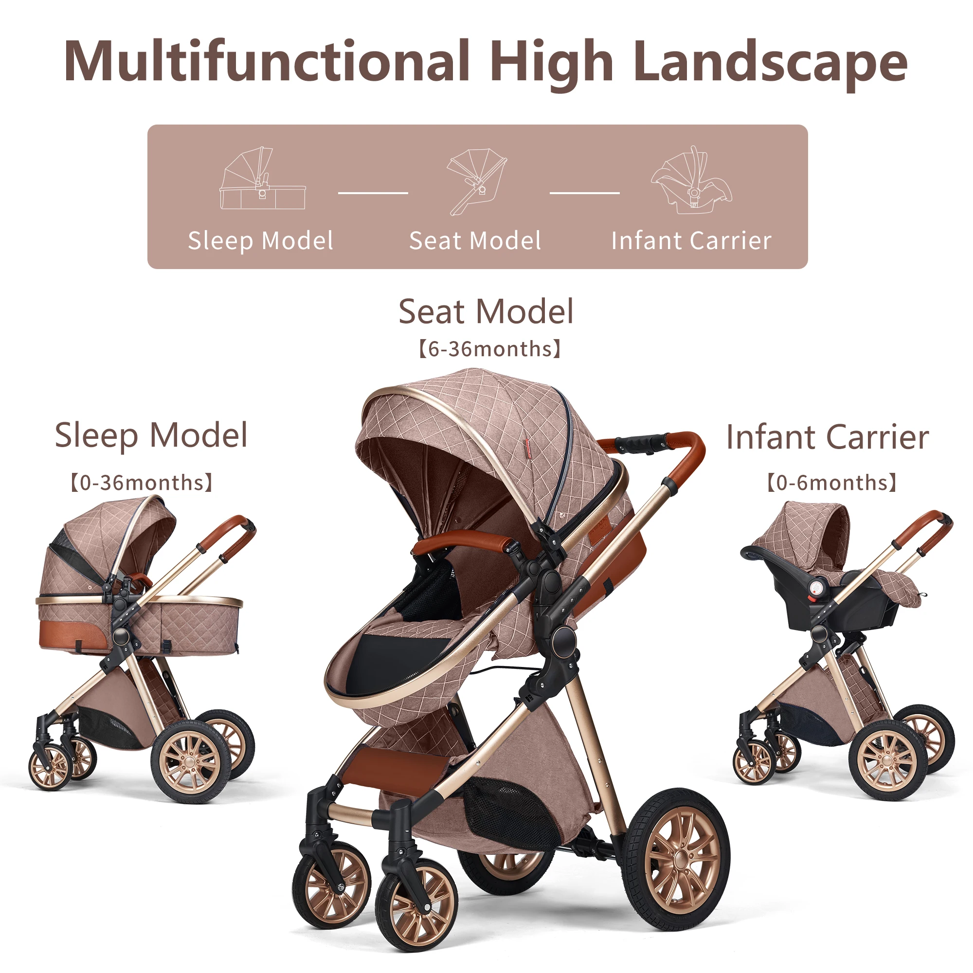 3 in 1 Luxury Pram High Landscape Baby Stroller with Reversible Seat Folding Pushchair for 0-36 Months Kids