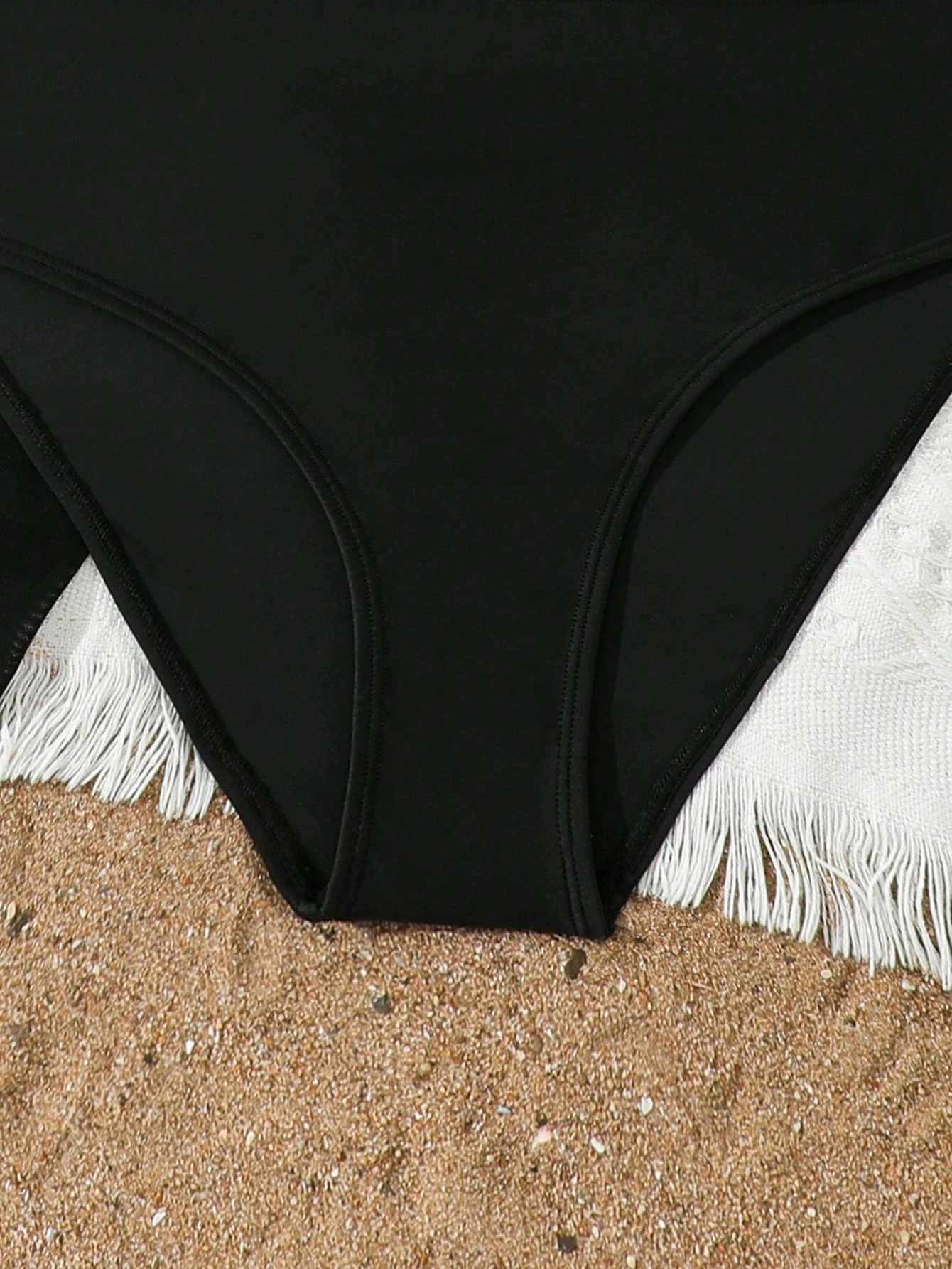 2026 3pcs/Set Tween Girl Swimwear Easy Metal Buckle Decor Bikini Swimsuit Set Solid Balck White Color Bathing Suit 8Y To 12Y
