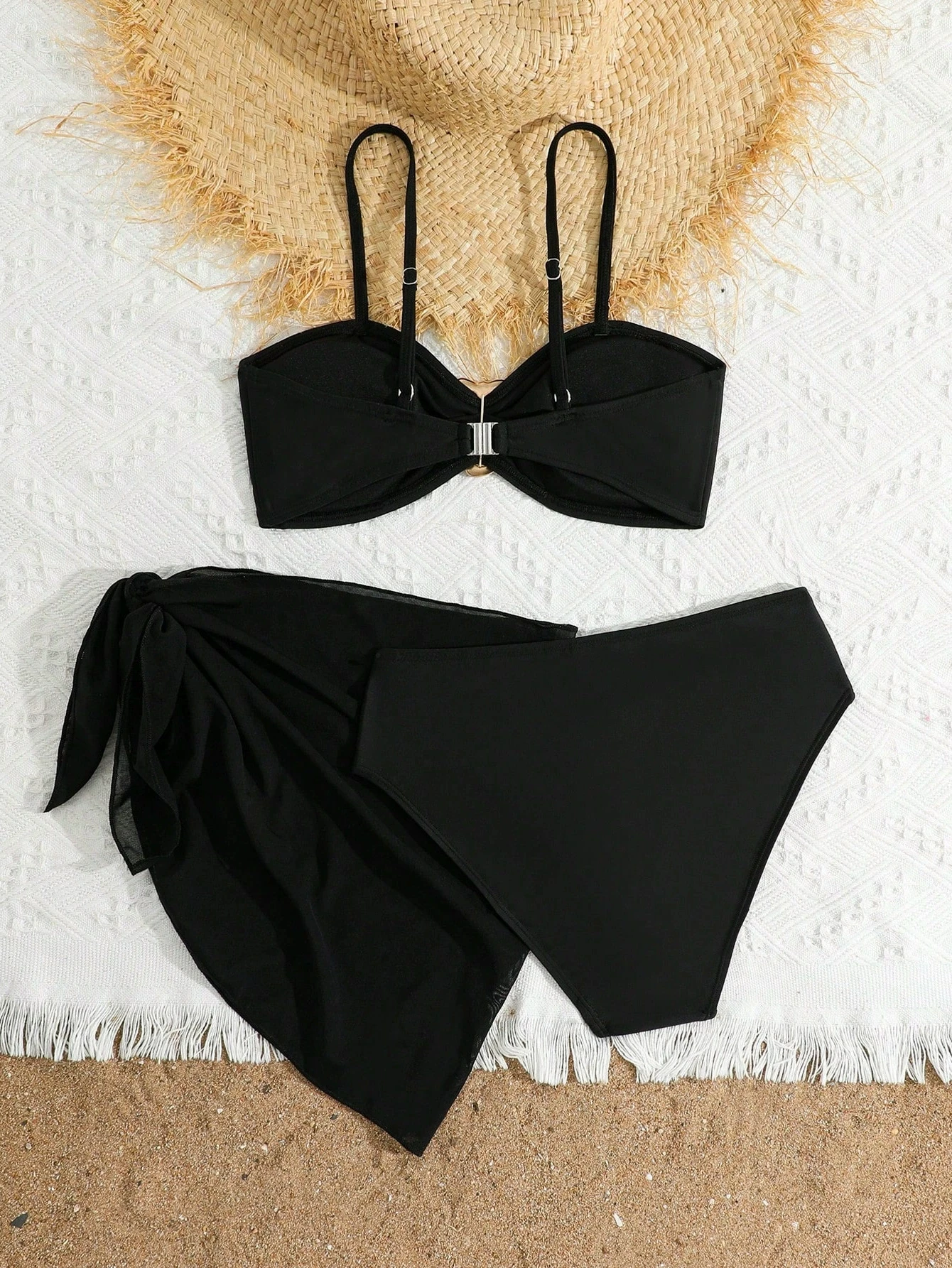 2026 3pcs/Set Tween Girl Swimwear Easy Metal Buckle Decor Bikini Swimsuit Set Solid Balck White Color Bathing Suit 8Y To 12Y