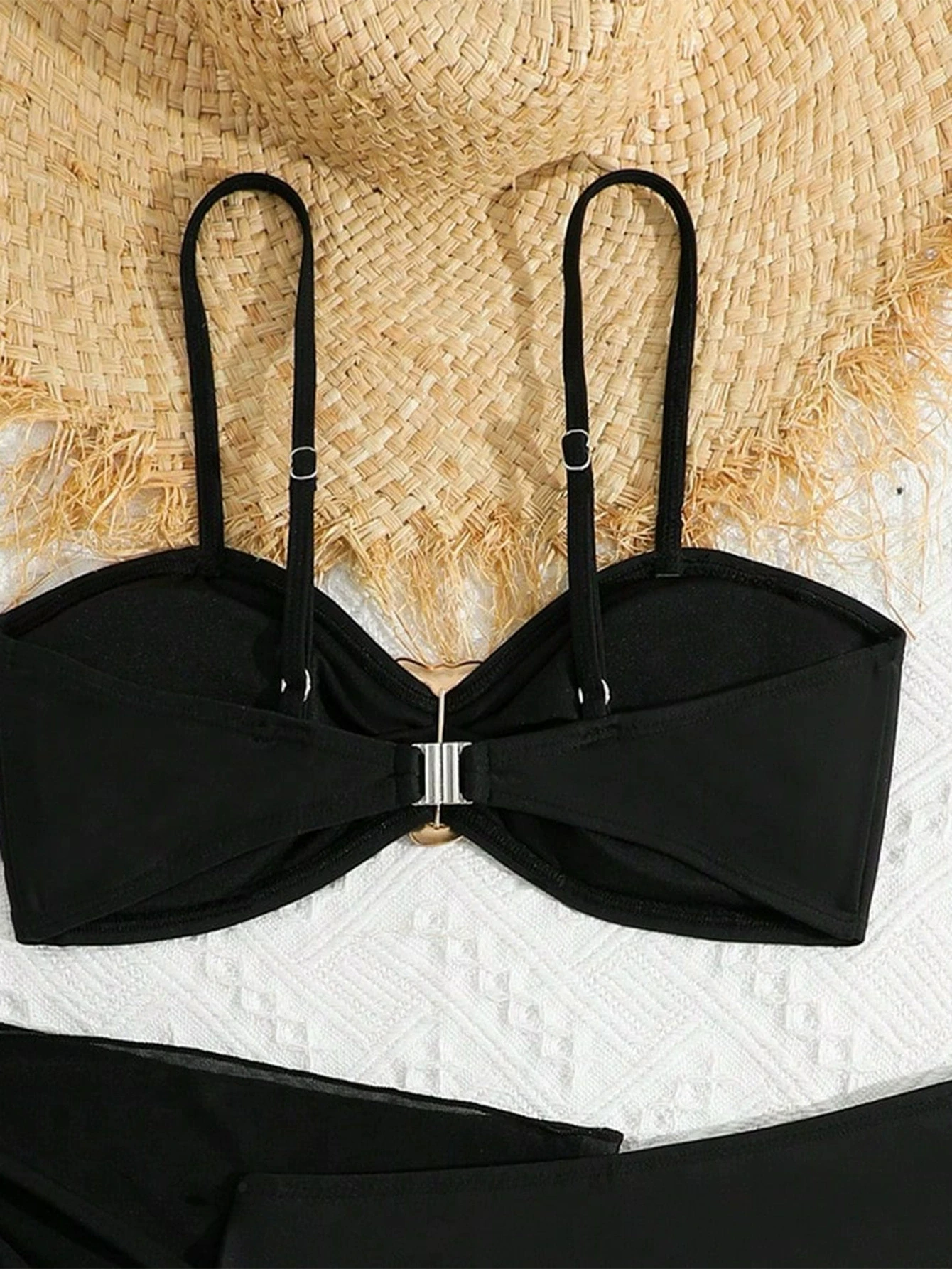 2026 3pcs/Set Tween Girl Swimwear Easy Metal Buckle Decor Bikini Swimsuit Set Solid Balck White Color Bathing Suit 8Y To 12Y