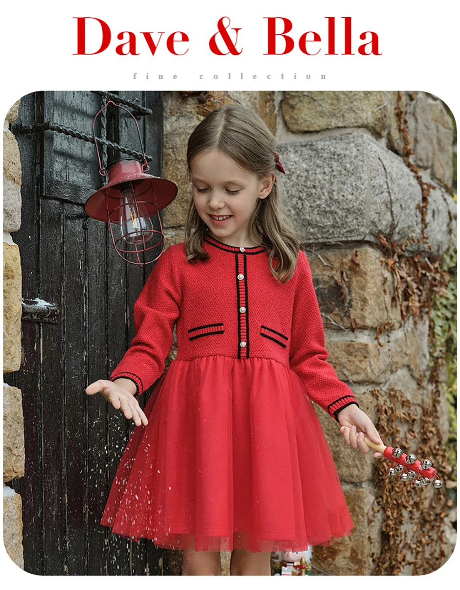 Dave Bella Red Winter Lace Mesh Dress Girls Velvet Long Sleeve Party Princess Dress Children Christmas Birthday Cloth DK4254472